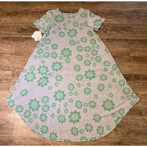 NWT LuLaRoe Carly 1 Pocket T-shirt Dress Grey With Green Flowers XS - Picture 8 of 9